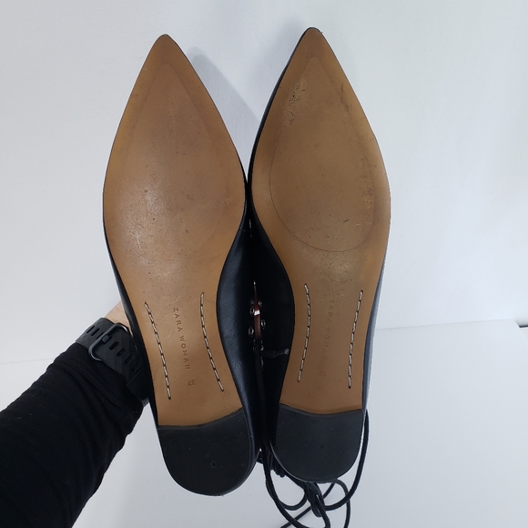 Zara Pointed toe Laced up Flats in Black leather - Picture 7 of 8